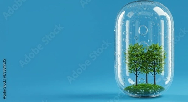 Fototapeta Trees inside a capsule on blue background. Environment concept.