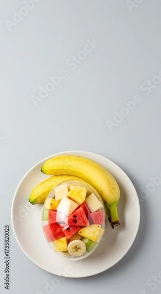 Fototapeta Fresh fruit salad in plastic container with bananas on plate.