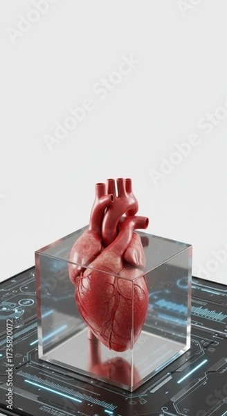 Fototapeta Human heart in a glass cube on a futuristic platform.