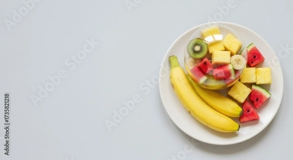 Fototapeta Plate of fruit salad with watermelon, kiwi, banana and pineapple.