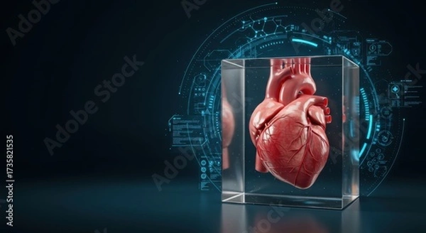 Fototapeta Human heart in a glass cube with a futuristic display around it.