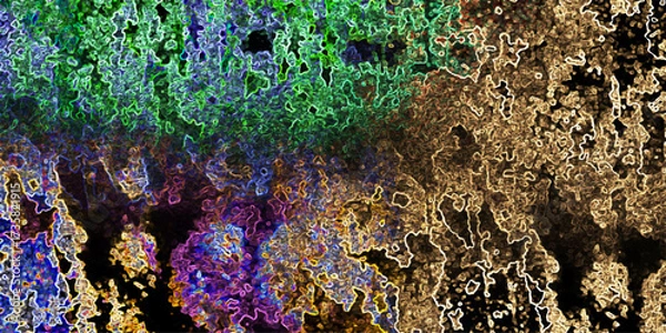Fototapeta Psychedelic Abstract Texture with Vibrant Green, Purple, Yellow and Orange Organic Patterns and Dark Accents