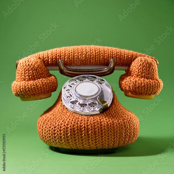 Obraz Handmade Knitted Retro Telephone on Olive Background