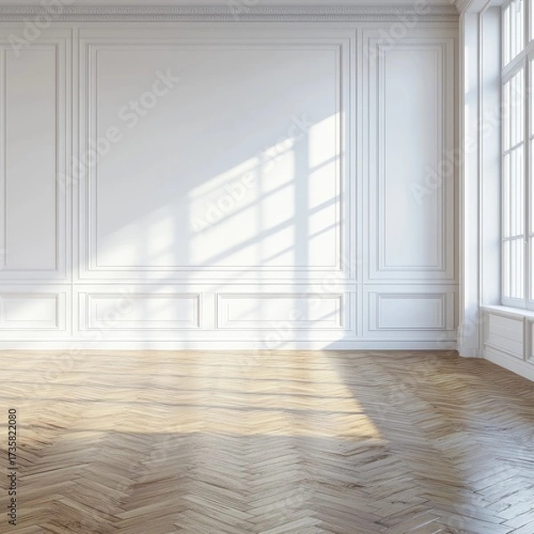 Fototapeta Sunny, white room with parquet floor