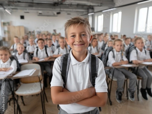 Fototapeta Smiling young male elementary school student in uniform with a backpack standing with arms crossed in front of a busy classroom.