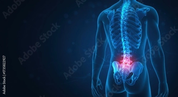Fototapeta Human anatomy with spine pain highlighted in red color.