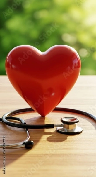 Fototapeta Red heart shape and stethoscope on a wooden surface.