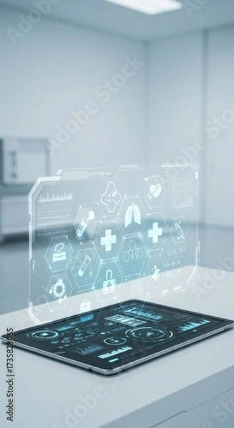 Fototapeta Tablet displaying a futuristic medical interface.