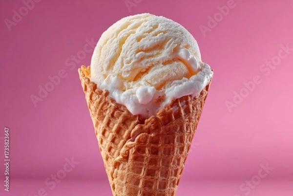 Fototapeta Vanilla ice cream melting in a crisp waffle cone against a vibrant pink background