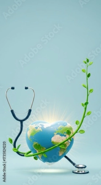 Fototapeta Earth globe in heart shape with stethoscope and plant.