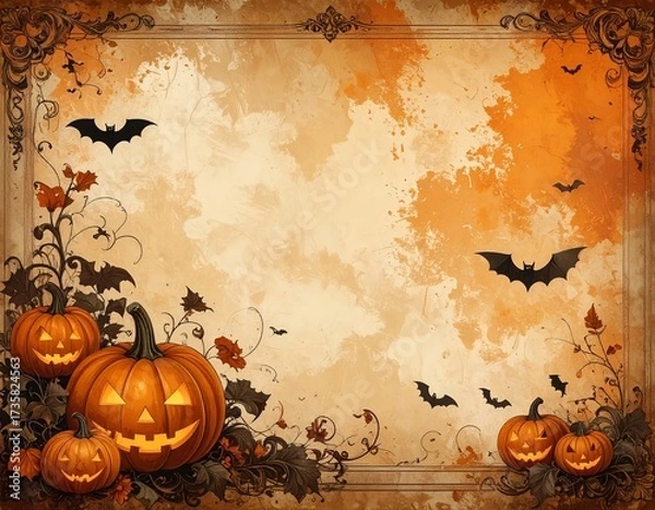 Obraz Old-fashioned Halloween wallpaper with jack-o’-lanterns and bats on distressed paper