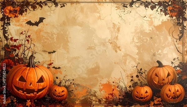 Obraz Old-fashioned Halloween wallpaper with jack-o’-lanterns and bats on distressed paper