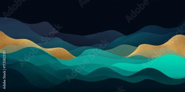 Fototapeta Abstract Azure Topography: An artistic display of layered waves, reminiscent of rolling hills and oceans, rendered in a blend of azure, emerald, and gold hues against a dark backdrop.