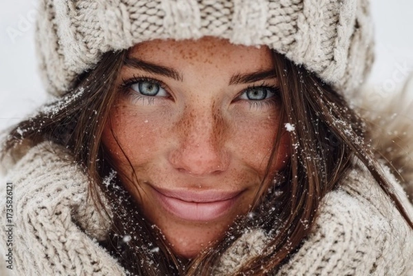 Obraz Woman smiles holding snow in a knitted hat . winter time 