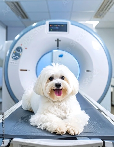 Obraz A small white dog on a medical examination table in front of a CT scanner