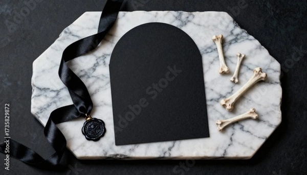 Fototapeta Gothic Halloween party invitation mockup featuring a black arch card and decorative elements on a festive flat lay