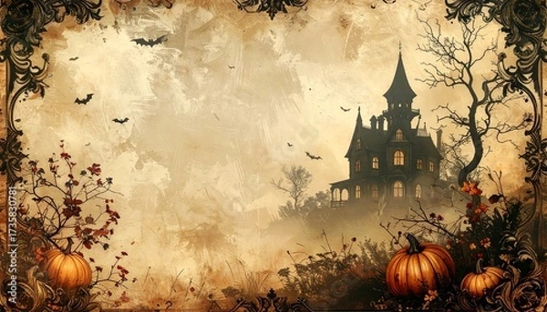Obraz Victorian Halloween wallpaper with haunted house and gothic motifs on aged parchment
