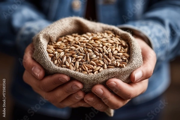 Fototapeta Close-up of farmer's hands holding a small burlap sack filled with freshly harvested golden grain or malted barley seeds.