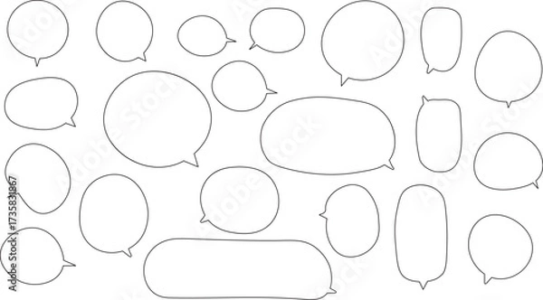 Fototapeta 円形、楕円形（横長、縦長）、角丸の長方形、少し歪んだ形、非常に多様な吹き出しセット。グレーで非常にシンプルで汎用性の高いデザイン。漫画、ウェブデザイン、プレゼンテーション資料に使える吹き出しセット。