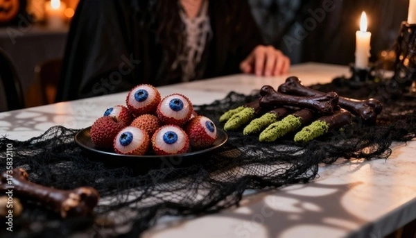 Fototapeta Creative and unusual snacks presented at a Halloween party featuring spooky edible eyeballs and ghostly bone treats on a dark table setting