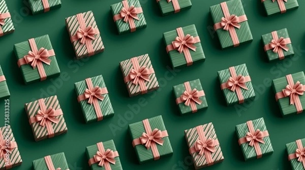 Fototapeta Seamless pattern of green and striped Christmas or holiday gift boxes with pink bows arranged diagonally on a deep green background.