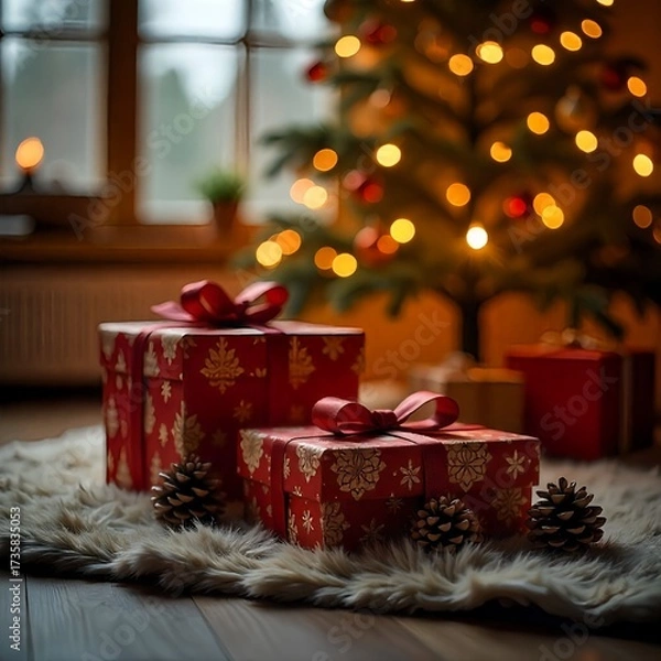 Fototapeta An array of elegant Christmas gift boxes wrapped in red paper,