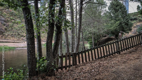 Fototapeta Rebelos river beach in Murça, Tras-os-Montes, Portugal, by a Tua tributary. Riverside woodland, rustic fence, and natural setting offer a tranquil landscape for recreation and relaxation.