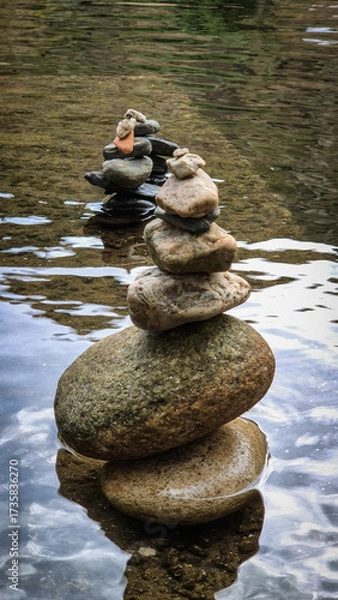 Fototapeta Stacks of balanced river pebbles on the water’s edge symbolize harmony, peace, and focus. Reflective surface and smooth stones evoke zen, mindfulness, and natural art.