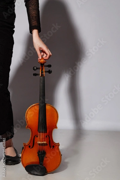 Fototapeta Person stands beside an elegant violin, preparing to play in a soft-lit studio setting during a creative session