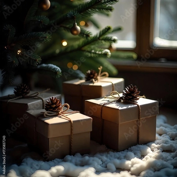 Fototapeta An array of elegant Christmas gift boxes wrapped in brown paper,