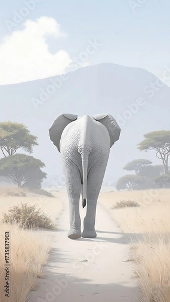 Fototapeta A solitary elephant walks a path in a serene landscape