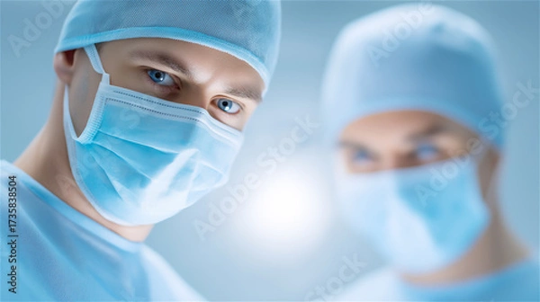 Fototapeta Closeup portrait of surgeon in mask with bright light, symbolizing healthcare, professionalism, focus, precision, and modern medical expertise in surgery environment with copy space.