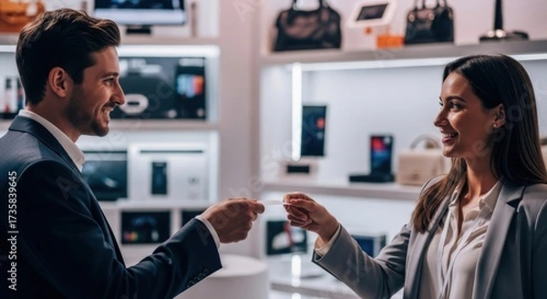 Fototapeta Businesspeople exchanging business card, smiling in store.