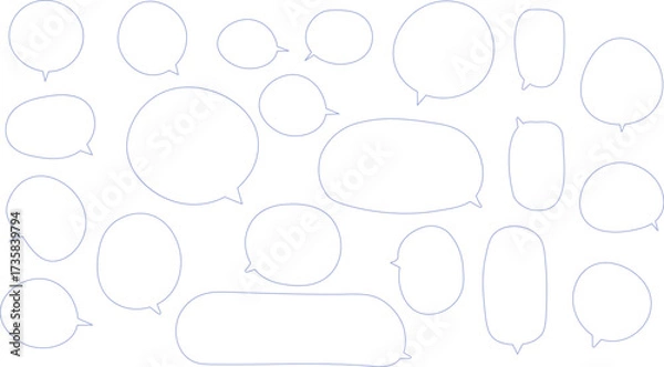 Fototapeta 可愛い形の吹き出しセット。手描き風でゆるい感じのふきだし。青色。丸、長方形がたくさんあって使いやすい。