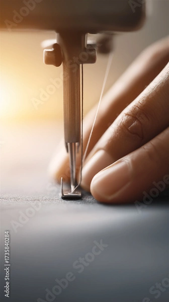 Fototapeta Closeup of sewing machine needle stitching textile fabric, symbolizing manufacturing, craftsmanship, precision and innovation in modern clothing and textile production industry.