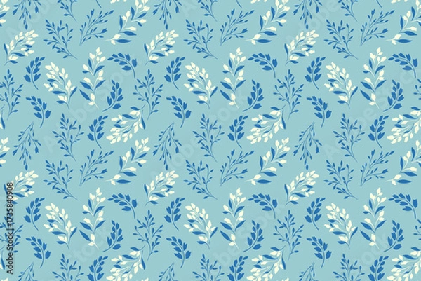 Fototapeta Charming seamless vector pattern with delicate floral branches on a blue background. Designs for packaging, textiles, wedding invitations, branding, home decor