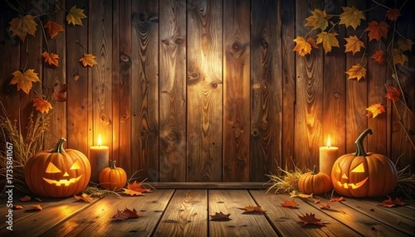 Obraz Rustic wooden Halloween background with pumpkins and autumn leaves in candlelight glow
