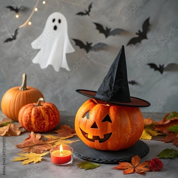 Obraz Enchanted Halloween Still Life: Luminous Pumpkin with Witch Hat and Friendly Ghost, Bats, and Autumn Leaves on Stone.

