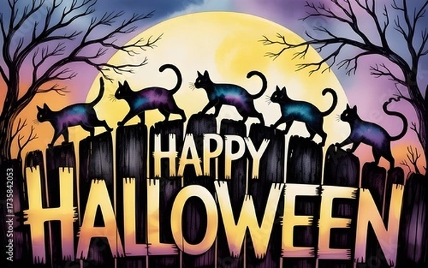 Obraz Midnight Halloween Guardians: Silhouetted Cats on a Fence under a Luminous Moon

