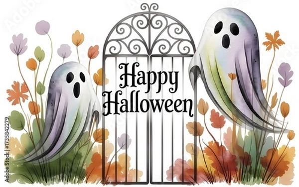 Obraz Ethereal Halloween Garden with Friendly Ghosts and Vintage Gate Banner

