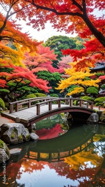 Fototapeta Autumnal garden bridge reflection