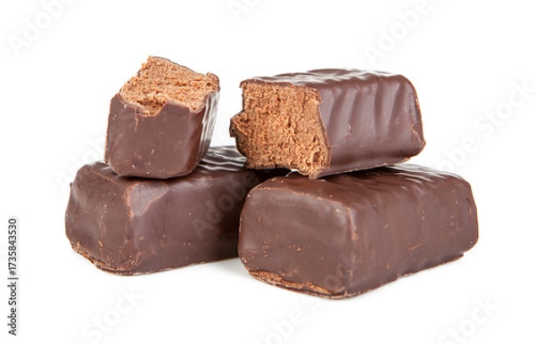 Fototapeta Chocolate candy with filling isolated on white background, packshot
