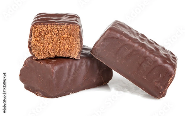 Fototapeta Chocolate candy with filling isolated on white background, packshot