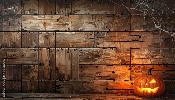 Obraz Rustic Halloween wooden wall with glowing jack-o’-lantern and spider webs in corners