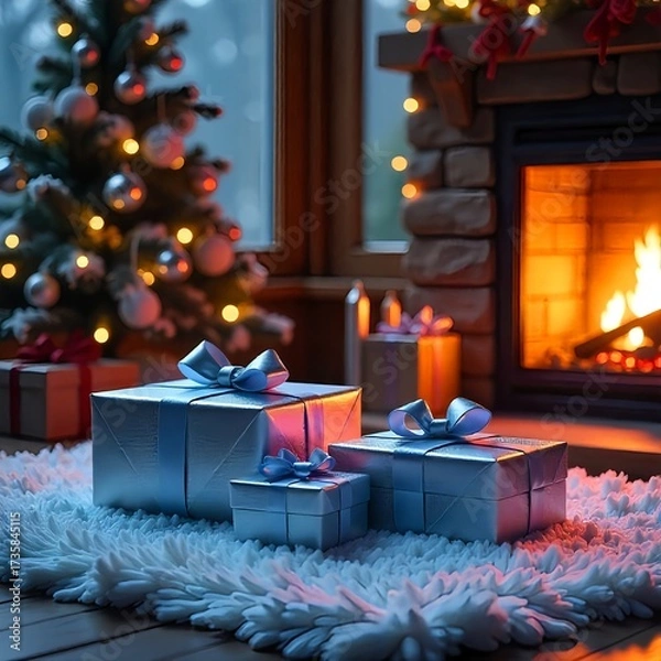 Fototapeta An array of elegant Christmas gift boxes wrapped in blue paper,