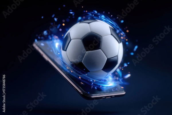 Fototapeta Football ball floating above smartphone screen with blue light trails