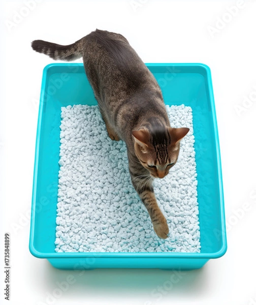Fototapeta Tabby cat stepping into litter box with silicate balls