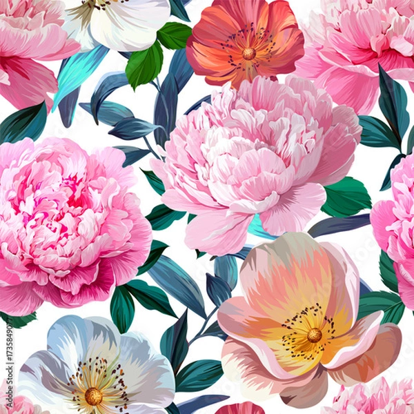 Fototapeta Pattern with summer and spring flowers. Vector floral pattern with bright flowers. For paper, fabric, packaging and interior design. 