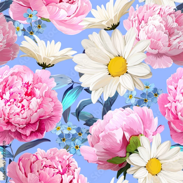 Fototapeta Pattern with summer and spring flowers. Vector floral pattern with bright flowers. For paper, fabric, packaging and interior design. 
