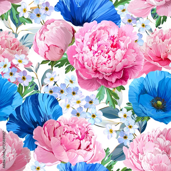 Fototapeta Pattern with summer and spring flowers. Vector floral pattern with bright flowers. For paper, fabric, packaging and interior design. 